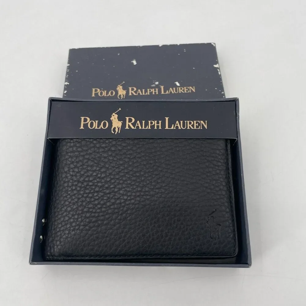 Polo Ralph Lauren CATALINA Pass Case Black Pebbled Leather Bifold Wallet NEW